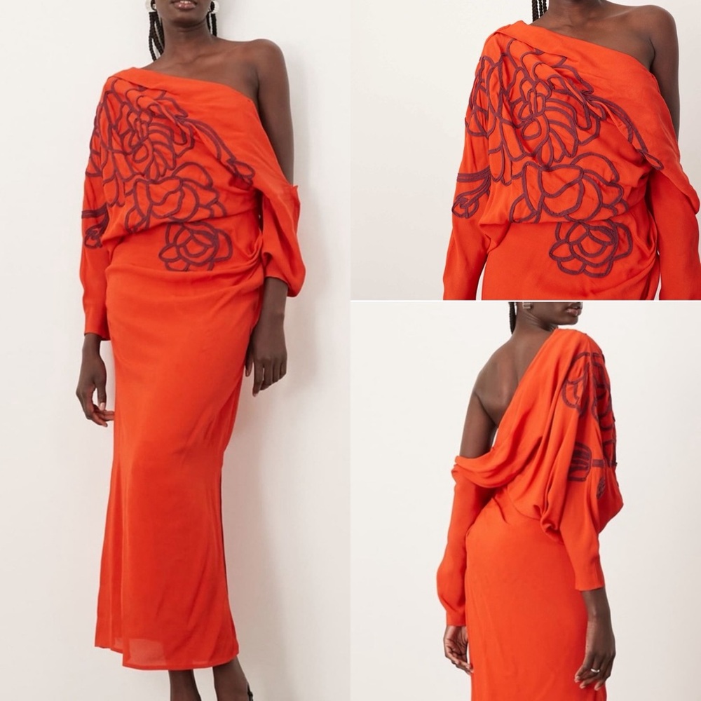 One-Shoulder Orange Midi Dress with Floral Embroidery